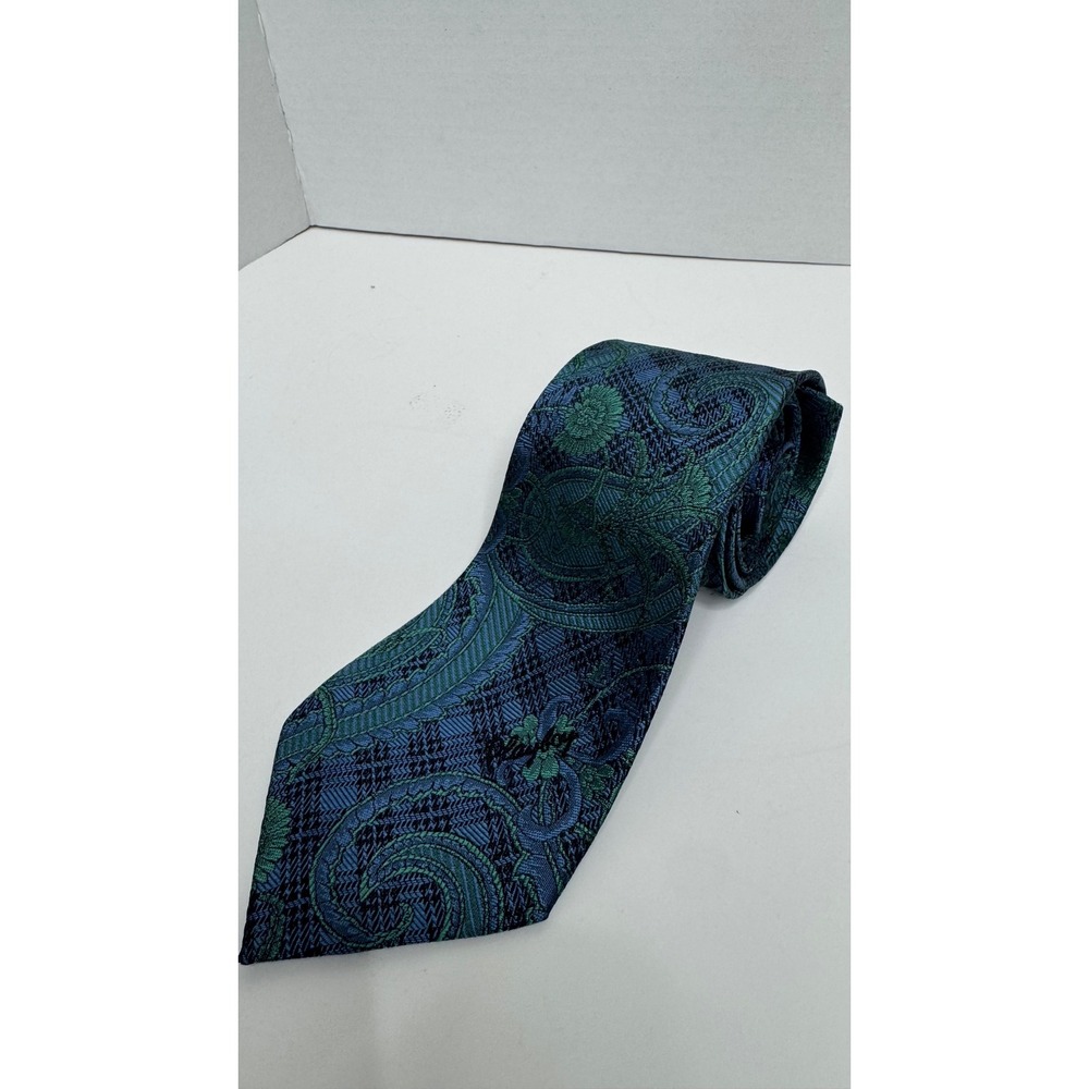 Playboy Silk Tie Blue Green Paisley Floral Plaid Woven Jacquard Wide Necktie